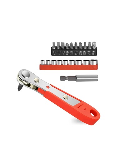 Geeksen 21 Parça Mini Ratchet Anahtar Seti - 36 Dişli 1/4" Antremanlı - Dar Boşluklar İçin - Manyetik Uçlu - 9 Adet Soket + 60mm Bağlantı Kolu