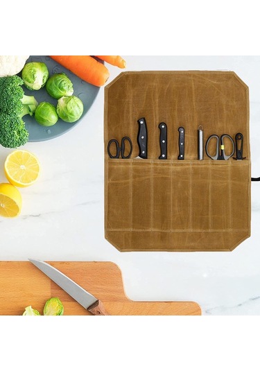 Geeksen 7 Bölmeli Yeşil Kahverengi Mürekkep Kumaş Bıçak Çantası - Taşınabilir, Katlanabilir, Kamp Ve Mutfak Gereçleri İçin Su Geçirmez Saklama Çantası Yeşil