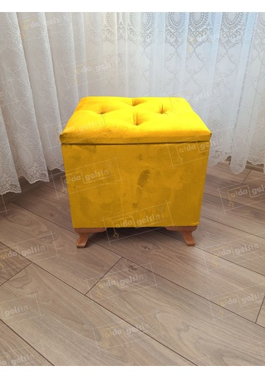 Lüks Sandıklı Tabure Puf 45 X 45 Cm Ceviz Ayak Sarı