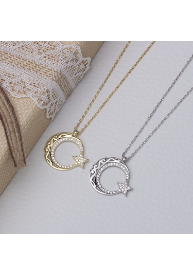 Ayyıldız Zirkon Taşlı Otantik Desenli Gold Rengi 925 Ayar Gümüş Kadın Kolye Gold