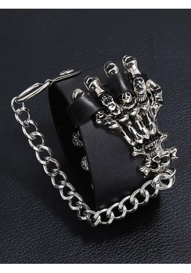 Tevdı Zincirli Kafatası Punk Metal Eko Deri Bileklik 198603655 Siyah