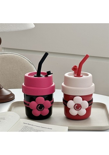 Çiçek Hasır Termos Bardak, Kadın Su Bardağı, Yüksek Görünüm Eşlik Eden Fincan, Sevimli Kahve Fincanı, Paslanmaz Çelik Çocuk Öğrenci Su Bardağı, 400ml Zg1qky Diğer