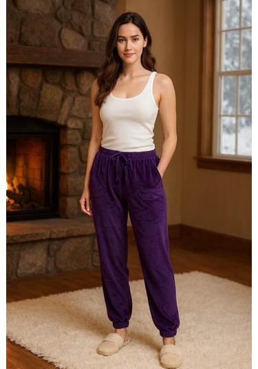 Kadın Kadife Paçası Lastikli Cep Detaylı Tek Alt 503 Mor Mor