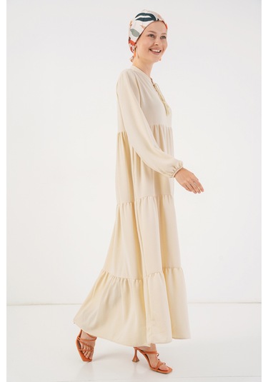 1627 Yaka Bağcıklı Tesettür Elbise - Krem