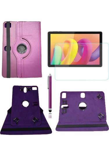 Tcl Tab 10l 10.1" Uyumlu Kılıf 360 Dönerli Unıversal Standlı Kılıf + Nano Ekran Koruyucu + Kalem Mor