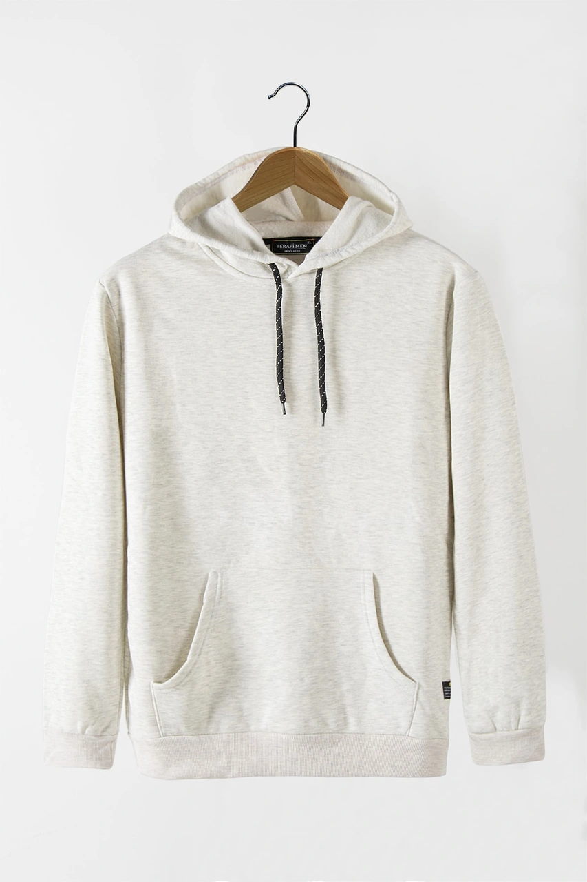 Terapi Men Erkek Kırçıllı Krem Kapüşonlu Kanguru Cepli Basic Hoodie Sweatshirt Kırçıllı Krem