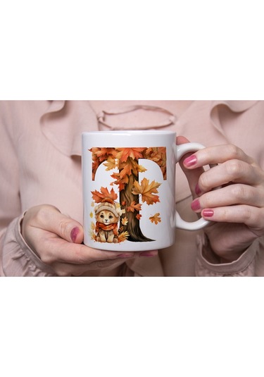 T Harf Sonbahar Yaprak Temalı Kupa Bardak - Sevimli Figürler İle Alfabe Harfli Bardak - Kişiye Özel Beyaz