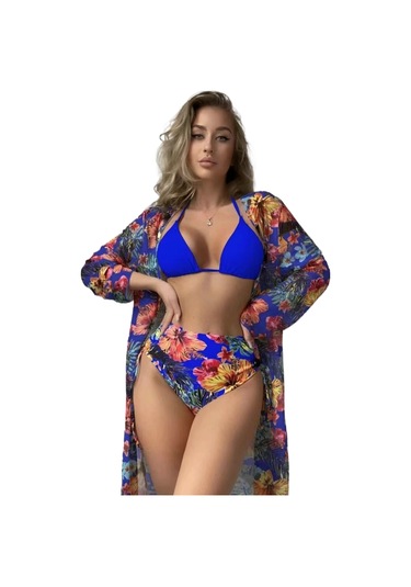 Bölünme Bikini Baskılı İpli Yüksek Bel Mayo Mavi