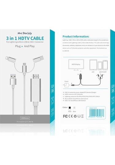 Lightning Çevirici Hdmı Usb-C Micro Usb Çevirici 3Lü Dönüştürücü-Gümüş
