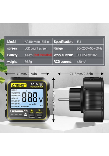 Aubyhe Aneng Sesli Priz Test Cihazı - Kaçak Akım Koruma, Faz Kontrolü, Ev Ve Profesyonel Kullanım İçin Ac10+ Model