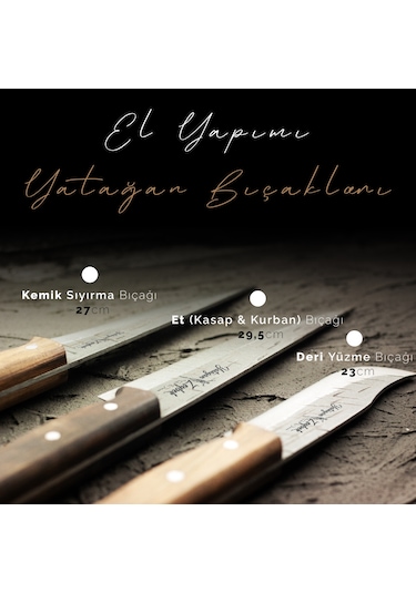 El Yapımı Dövme Çelik 3'lü Et, Kasap & Kurban Bıçağı Seti Ahşap