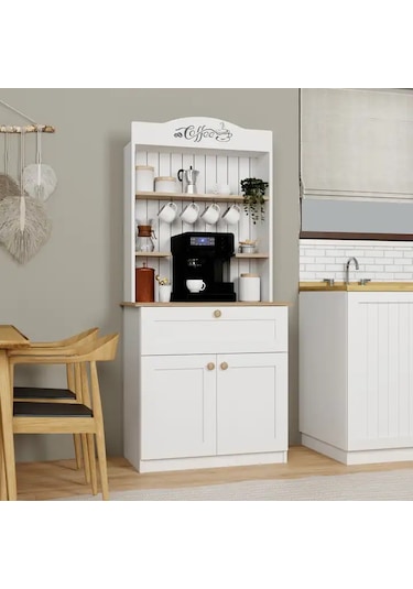 Lucas 2 Kapaklı Çekmeceli Kahve Köşesi Ve Çok Amaçlı Mutfak Dolabı - Açık Ceviz & Beyaz Açık Ceviz & Beyaz