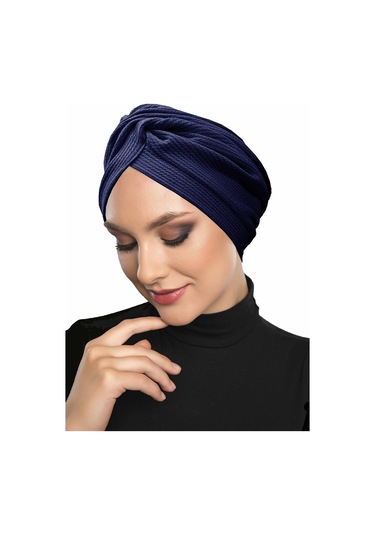 Çapraz Fitilli Penye Lacivert Hazır Türban Tesettür Havuz Bonesi Lacivert