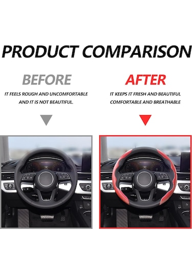 Yaleker Krom Fiberli Araba Direksiyon Kılıfı, Anti Kayma, Ter Dayanıklı, Evrensel Uyumlu 14.5-16 İnç , 2 Adet, Konfor Ve Güven Artırıcı Kırmızı