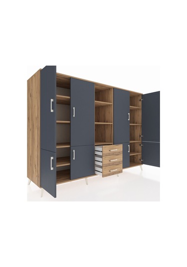 Kronos Dolap 11 Raflı 3 Çekmeceli 8 Kapaklı 220x59x163 Çam-antras Çam-antrasit/çam