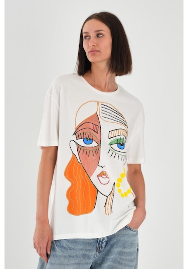 Alexandergardı Baskılı Basic Kadın T-shirt Ekru