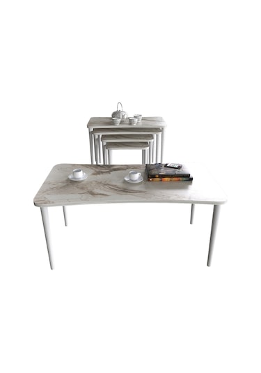 Alanur 5li Orta Sehpa Ve Zigon Sehpa Ahşap Ayaklı Çay Kahve Sehpası Xl Salon Seti Beyaz Mermer