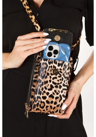 Newish Polo Kadın Leopar Süet Bella Telefonluk Cüzdan El Ve Omuz Çantası New283 Leopar Kahverengi