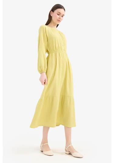 DeFacto Relax Fit Bisiklet Yaka Müslin Uzun Kollu Maxi Tesettür Elbise D0570AX25SMGN730