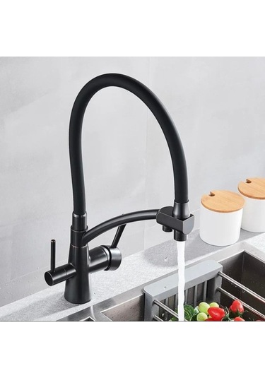 İsaoğlu Yapı Siyah Arıtmalı Spiralli Batarya Uzayan Sistem Mutfak Musluğu Arıtıcılı Batarya Mat Siyah Renk Siyah