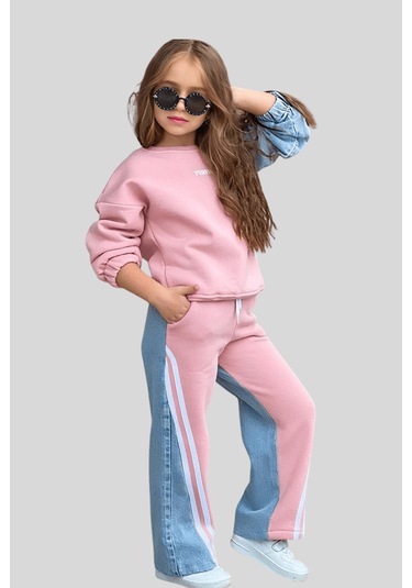 5-14 Yaş Perfect Kot Garnili Şeritli Kız Çocuk Takım Pembe Pembe