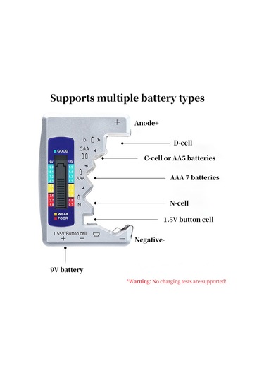 Pil Testi, Pil Gücü Dedektörü, Kuru Pil No.7, No.5, No.7, No.5 Dijital Ekran Voltaj Testi.