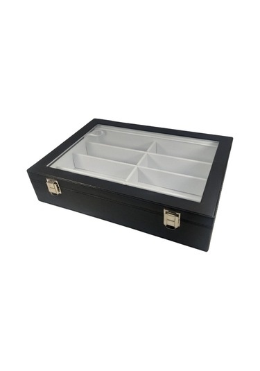 Özer Kutu Camlı Kapaklı 8 Bölmeli Gözlük Kutusu,takı Kutusu Ve Çantası Siyah /beyaz İçi Deri