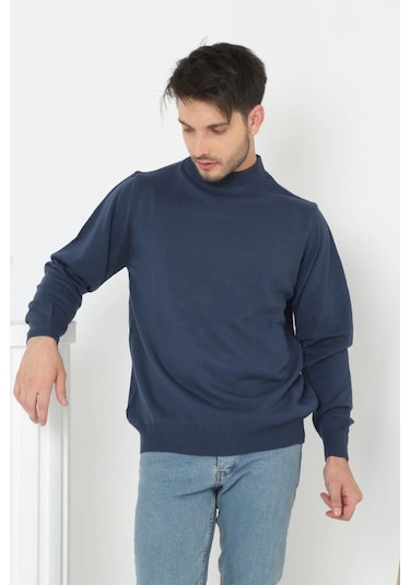 Erkek Yarım Boğaz Triko Kazak Yumuşak Dokulu Pamuklu İnce Dokuma, Uzun Kollu Rahat Regular Kalıp - İndigo Siyah