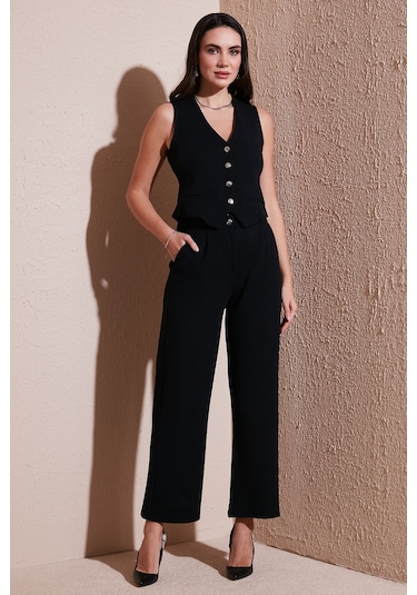 Lela Regular Fit Yüksek Bel Bol Paça V Yaka Yelekli Bayan Takım 5866199 Siyah