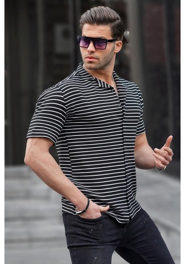 Madmext Siyah Çizgili Kısa Kollu Erkek Gömlek 6703 Siyah