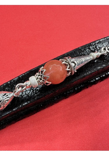 925 Ayar Gümüş El Yapımı Anahtarlık Doğal Pembe Kuvars Taşlı