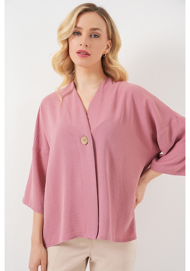 Bigdart Kadın Kısa Kol Oversize Kimono 5969 - Gülkurusu