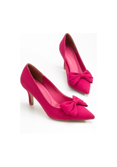 Büyük Beden Kadın Stiletto İnce Topuklu Ayakkabı Fuşya Saten Fiyonklu-4297 Fuşya