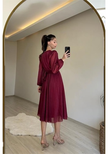 Neşeli Butik Kadın Kruvaze Yaka Tokalı Midi Boy Işıltılı Elbise Nm009 Bordo