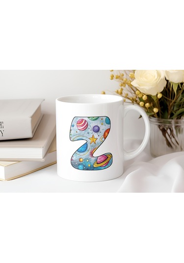 Z Baş Harf Gezegen Desenli Kupa Bardak - Kişiye Özel Evren Temalı Kahve Çay Kupası - Gökyüzü Beyaz