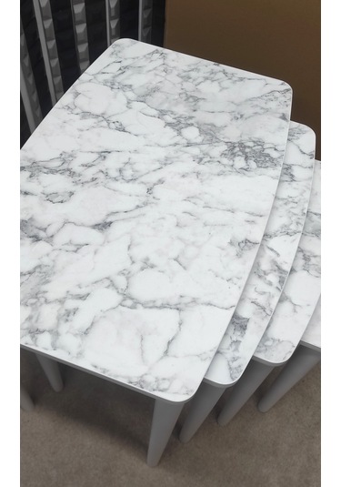 4 Lü Mdf Lam Ahşap Zigon Sehpa Beyaz Mermer