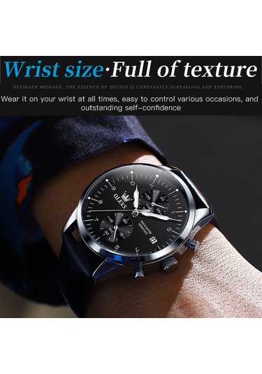 Olevs 2880 Erkekler Çok Fonksiyonlu İş Su Geçirmez Deri Kayış Kuvars Saat Siyah + Gümüş