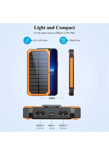 Dofolink 20000 Mah Turuncu Güneş Enerjili Power Bank - Dış Mekanlar İçin, Led Fenerli, İki Usb Portlu, Akıllı Telefonlar İçin