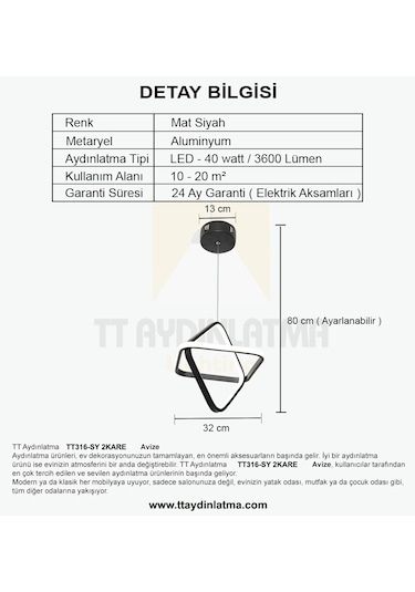 Tt316-Sy Tt Aydınlatma 2Kare Modeli Mat Siyah Led Avize