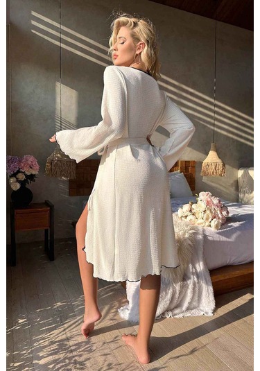 Merry See Özel Örme Kumaş Önden Bağlamalı Robdeşambr Beyaz