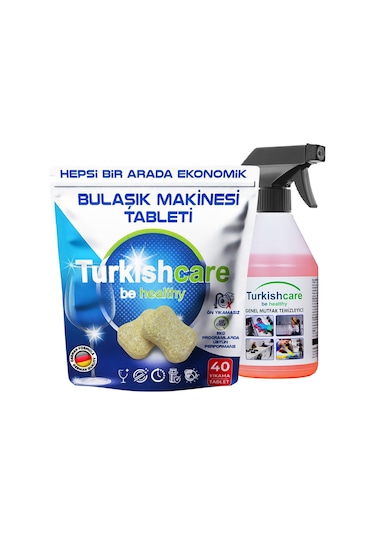 Turkishcare Hepsi Bir Arada 40 Yıkama Bulaşık Deterjanı Premium Tablet + Çok Amaçlı Leke Çıkarıcı Sprey 500ml