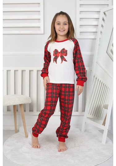 Kız Çocuk Pijama Takımı Papyon Beyaz