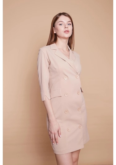 Yakalı Sırt Dekolteli Anvelop Likralı Kumaş Düğmeli Ceket Elbise -bej Bej