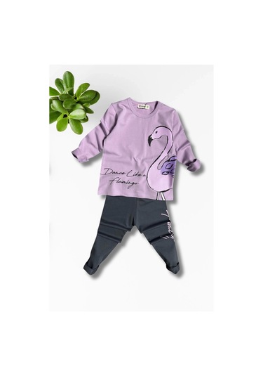 Flamingo Desenli Lila Renk Kız Çocuk Mevsimlik Taytlı Takım Lila