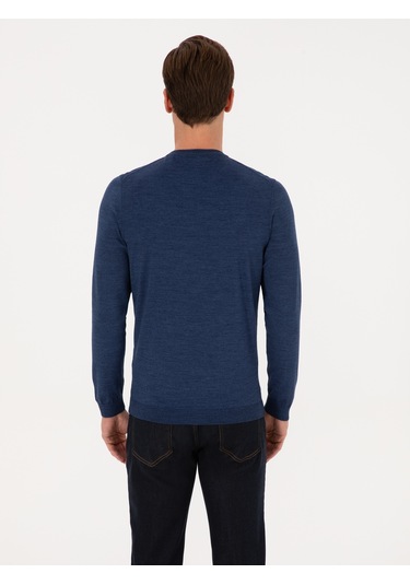 Cacharel İndigo Slim Fit Yün Karışımlı Bisiklet Yaka Basic Triko Kazak Mavi
