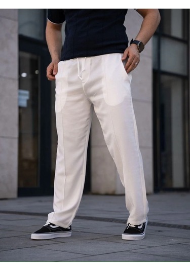 Erkek Keten Cepli Çıma Dikişli Jogger Buggy Pantalon Rahat Kalıp - Beyaz Beyaz