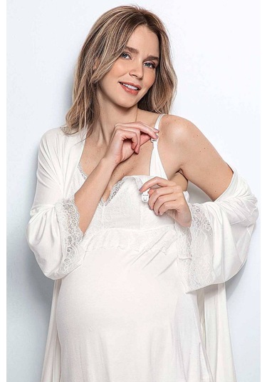 Monamise 18433 Hamile Lohusa Sabahlıklı Pijama Takım - Ekru