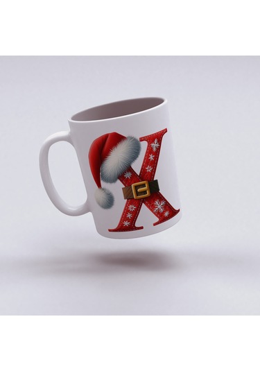 X Harfi Yılbaşı Temalı Bardak 330 Ml Harfli Kişiye Özel Hediye - Yeniyıl / Noel Şapka Tasarım Beyaz