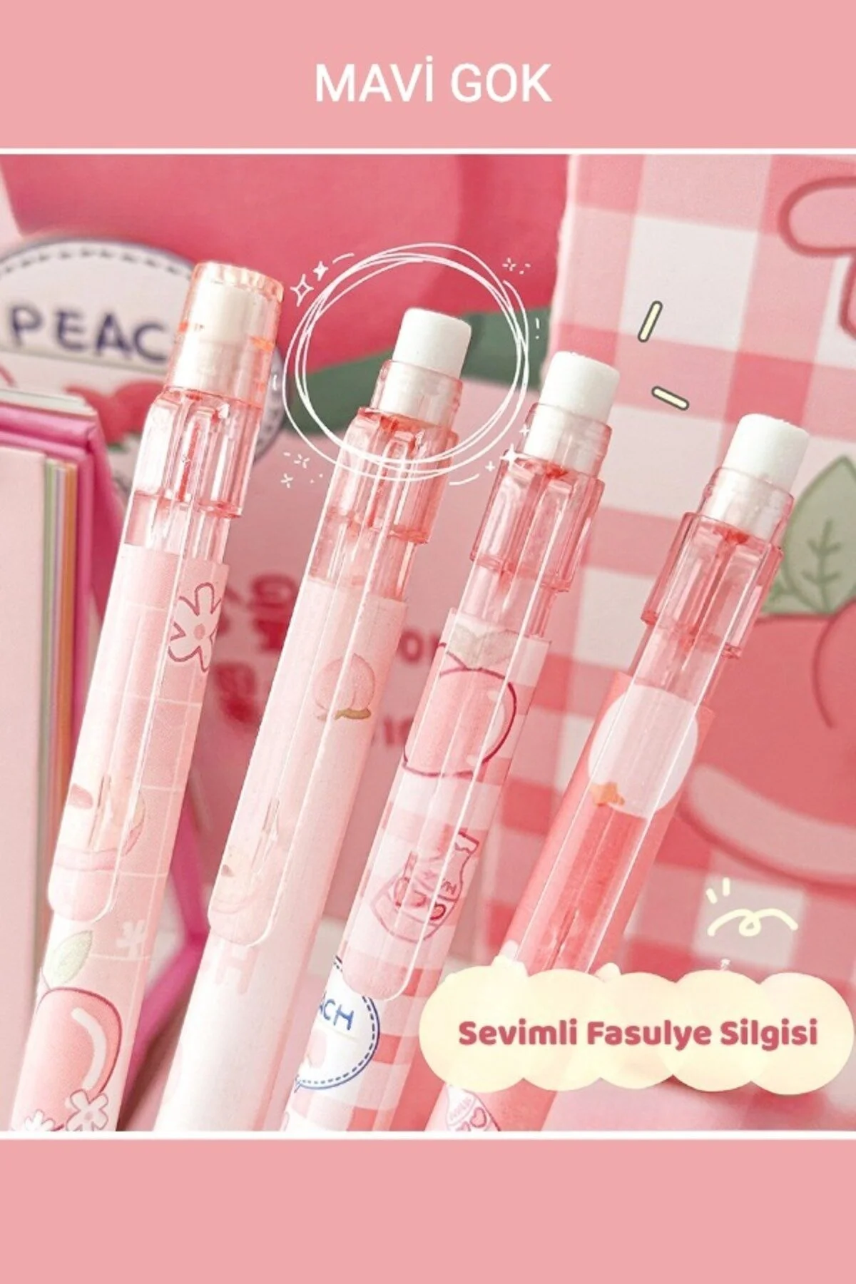 Kawai Şeftali Uçlu Kalem 2b 0,7mm 4 Adet Uçlu Kalem+1 Kutu Uç Şeftali - Pembe