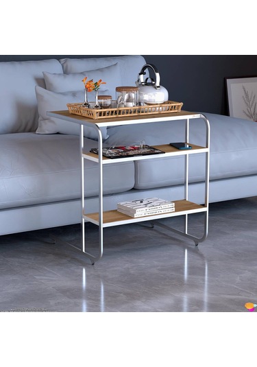 Modilayn C Yan Sehpa Geniş Boy Tekerlekli Çalışma, Atıştırmalık, Yemek, Laptop Sehpası Meşe Beyaz - Meşe